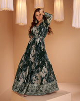 designer anarakali style dark shaded floral inspired dress on pure georgette and net duppatta | designer dress